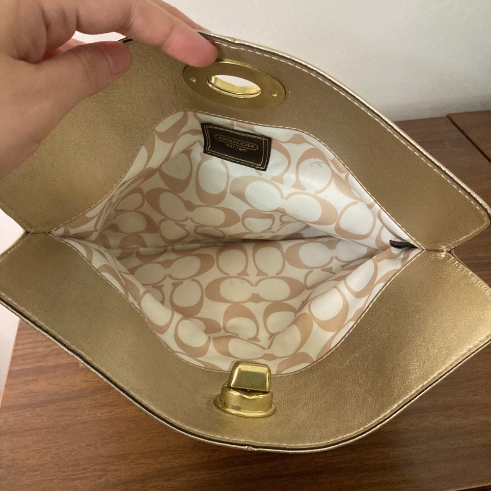 Coach Madeline Gold Metallic Leather Fold-Over Turnlock Clutch 13680 - Picture 6 of 12